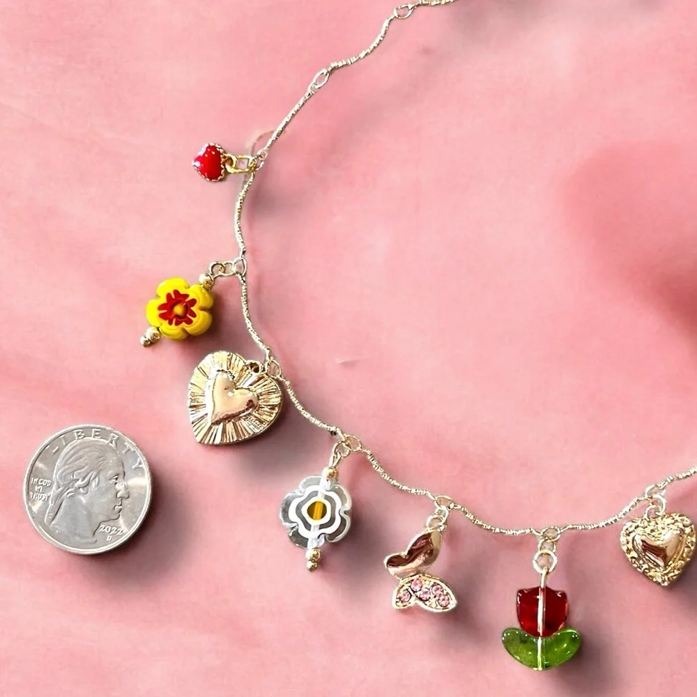 Gold and Red toned Charm Necklace glass rhinestones enamel tulip flower hearts